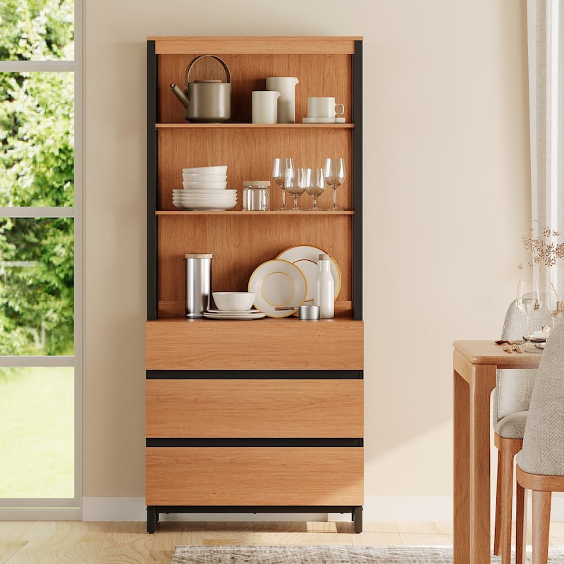 WAMPAT Modern 72" Tall Bookcase with Drawers and Open Book Shelfs, Library Book Shelf for Home Office, Living Room