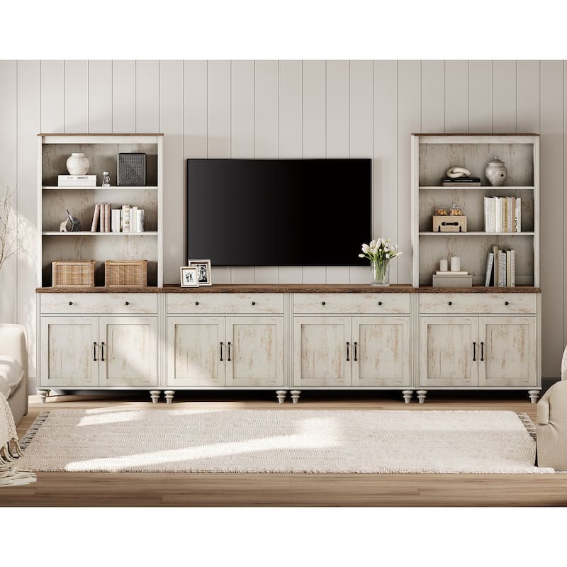 Rustic White Farmhouse TV Stand with Wooden Doors & Drawers - 8-Doors&4-Drawers