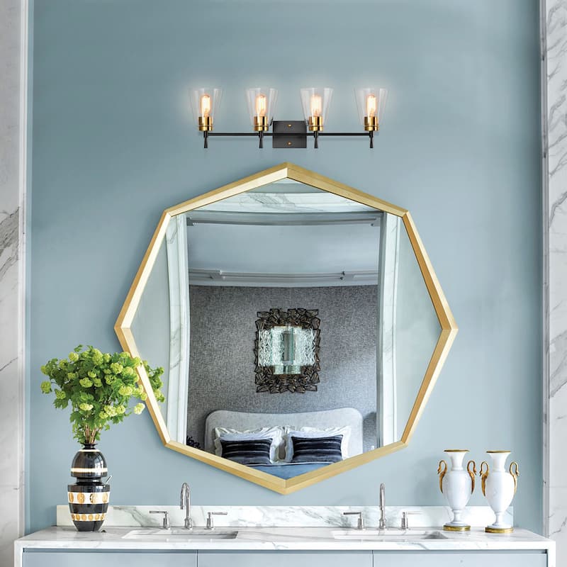 Black and Antique Brass 4-Light Vanity Light with Clear Cone Glass Shades