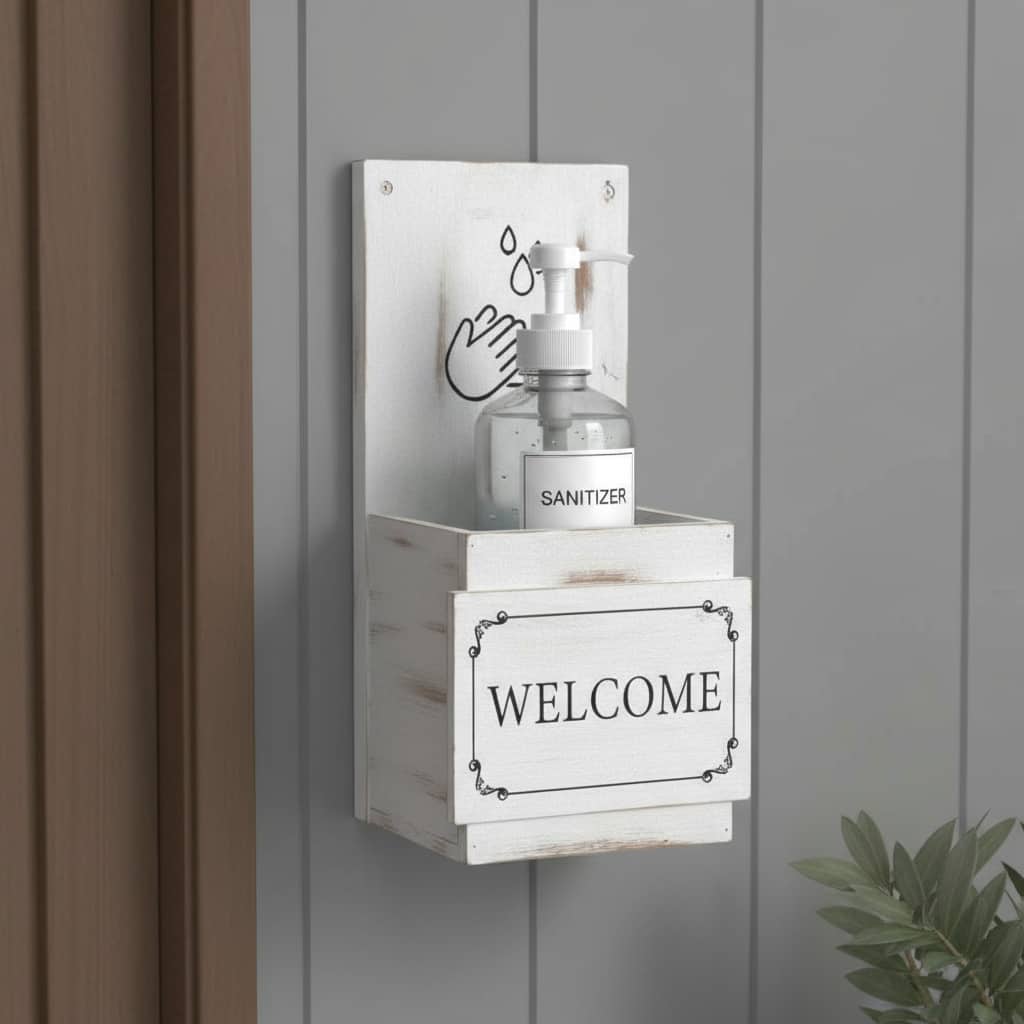 HomeRoots Set of Two White Solid Wood Welcome And Please Sanitize Porch Container Signs