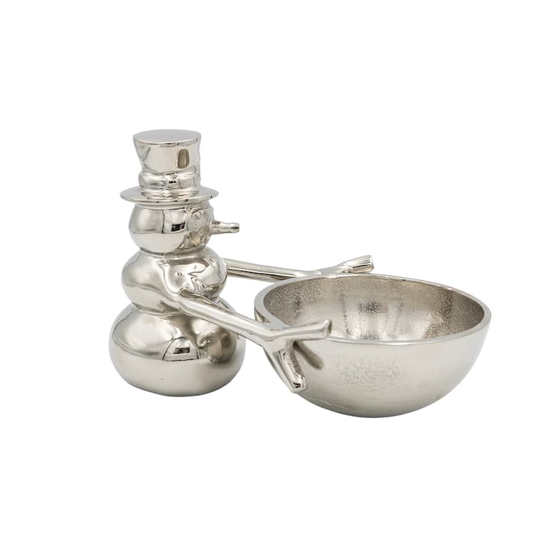 Cast Aluminum Snowman Holding Bowl - Silver