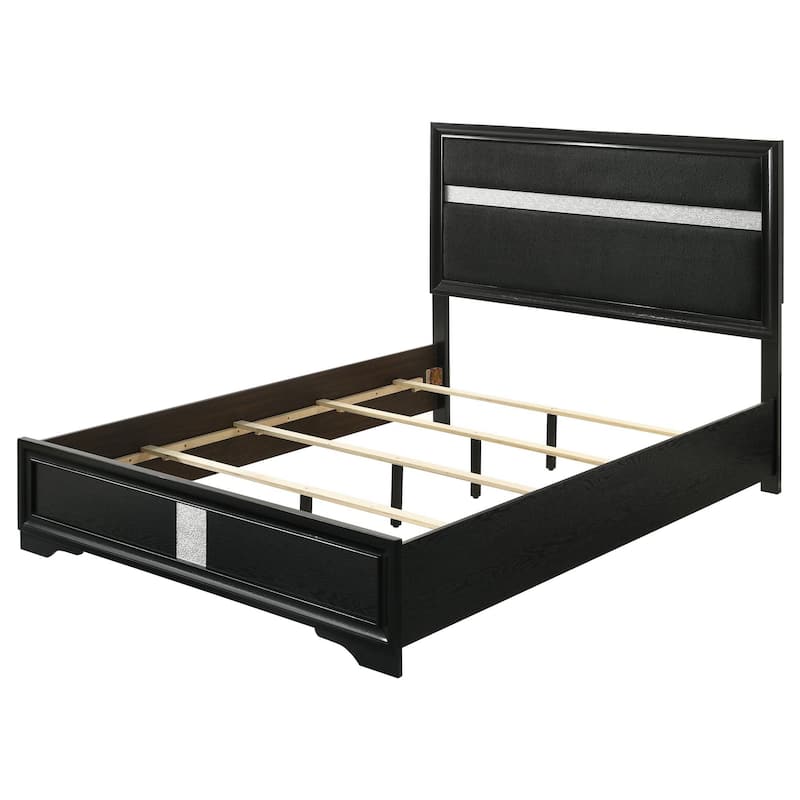 Vino Queen Size Bed, Panel Headboard, Black Upholstery, Glitter Stripe