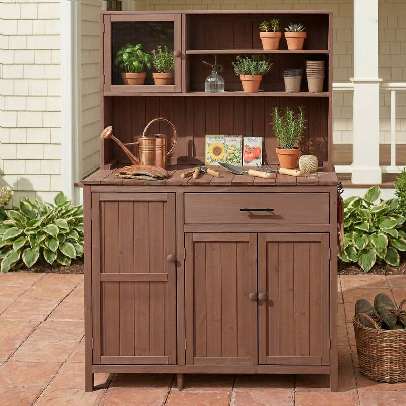Roomfitters 65" Garden Potting Bench with Storage Hutch, Outdoor Potting Table & Prep Station, Drawer, Cabinet, Shelves