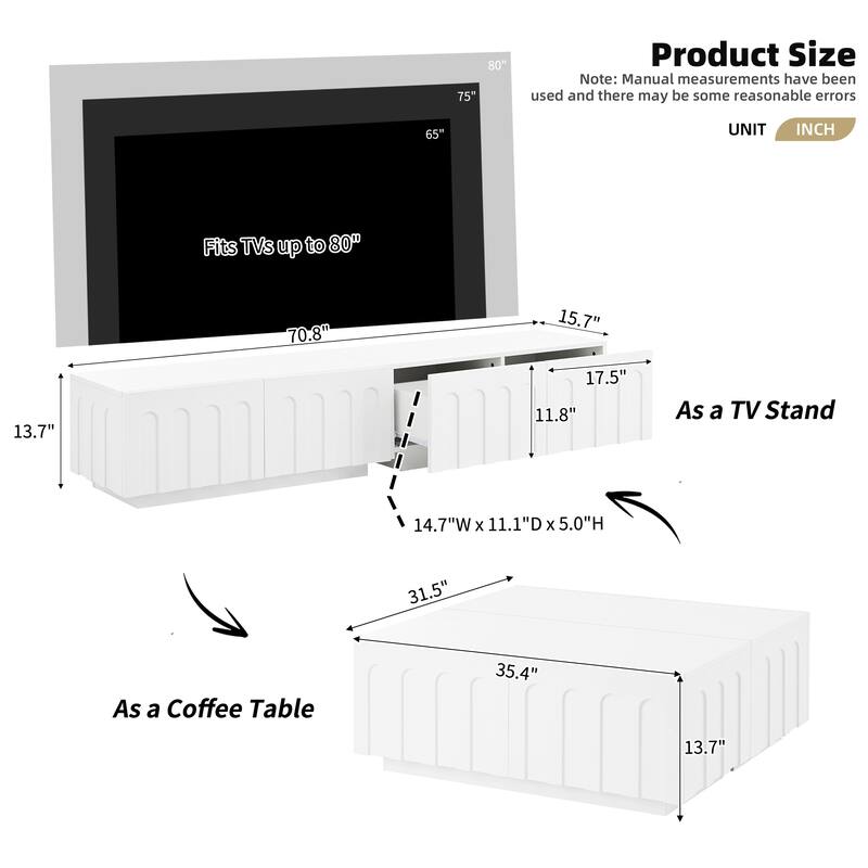 Elegant Arched TV Stand Dual Purpose Coffee Table with Drawers, for TVs Up to 80", White - 70.8" W × 15.7" D × 13.7" H