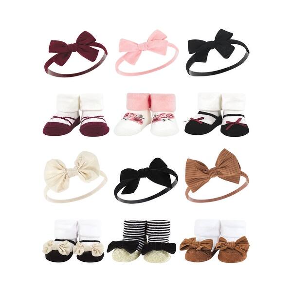 slide 1 of 1, Hudson Baby Infant Girl 12Pc Headband and Socks Giftset, Burgundy Black Black Stripe Neutrals, One Size Burgundy Black Black Stripe Neutrals - One Size