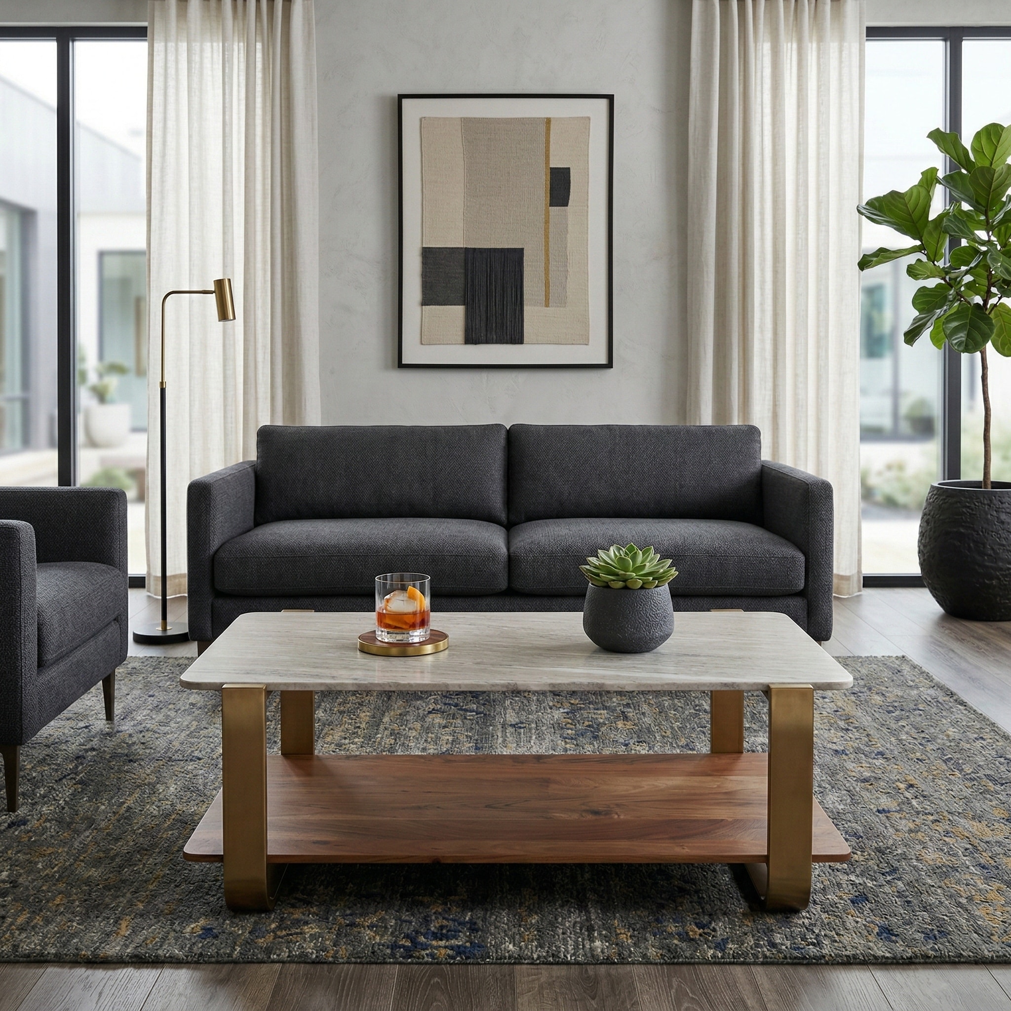 Marble Top Rectangle Curved Coffee Table - Gold, 17" - 48.0"