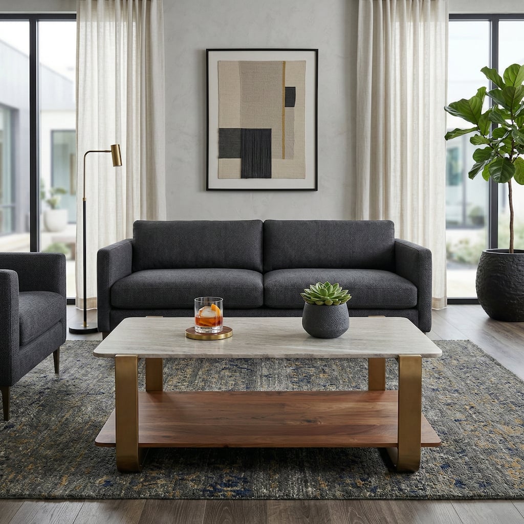 Marble Top Rectangle Curved Coffee Table - Gold, 17" - 48.0"