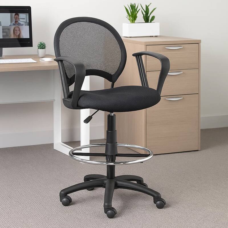 Rea Drafting Stool Chair, Loop Arms, Black Mesh, Chrome Footring