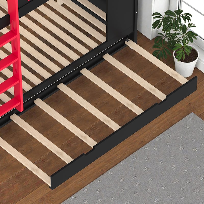 Solid Wood Bunk Bed with Trundle and Storage Shelves, Full Over Full/Queen Over Queen Bunk Bed with Hooks