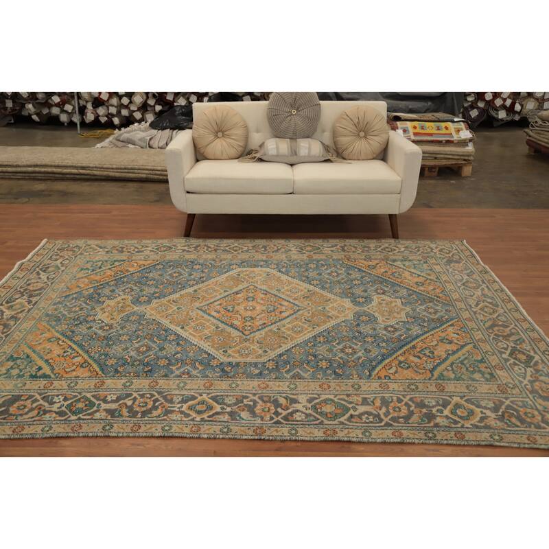 Hand Knotted Oriental 100% Wool Carpet Traditional Floral Navy Blue & Blues Tabriz Area Rug - 9' 0'' X 6' 4''