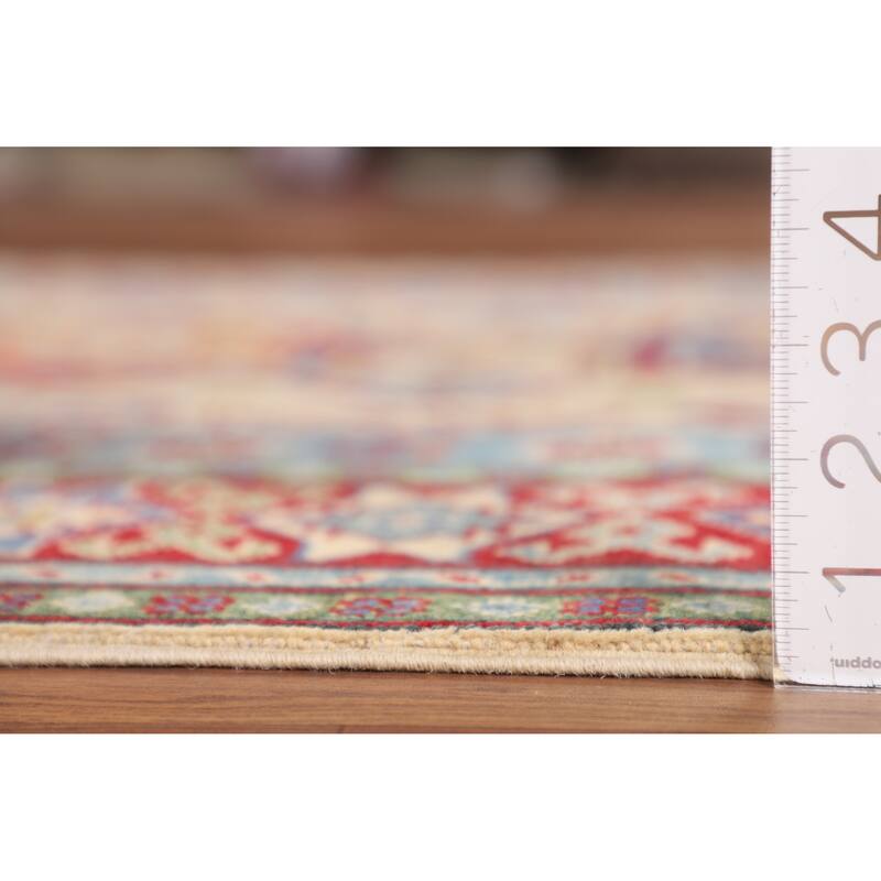 Geometric Kazak Oriental Area Rug Hand-Knotted Beige Wool Carpet - 4'11" x 6'4"