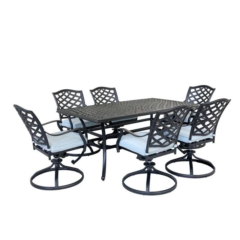 Torino 7-piece Aluminum Dining Set with 6 Swivel Rockers - N/A - Espresso Brown/Light Blue
