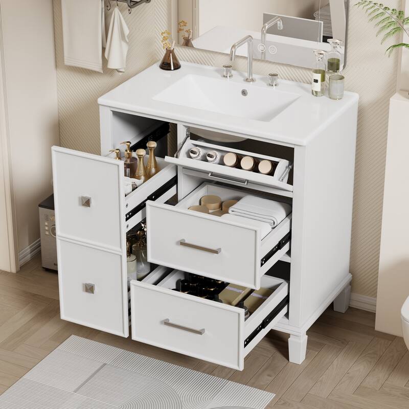 Bathroom Vanity with Ceramic Sink,Flip-Out Drawer Design