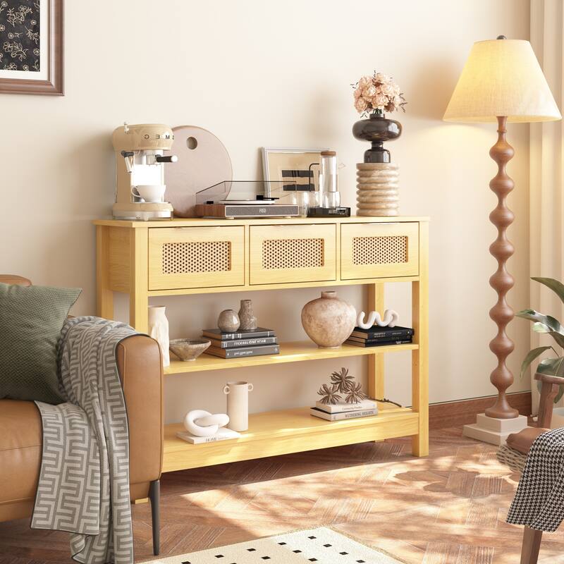 Anmytek Teal Rattan Entryway Console Table with 3 Drawers Adjustable Shelves Boho Chic Storage