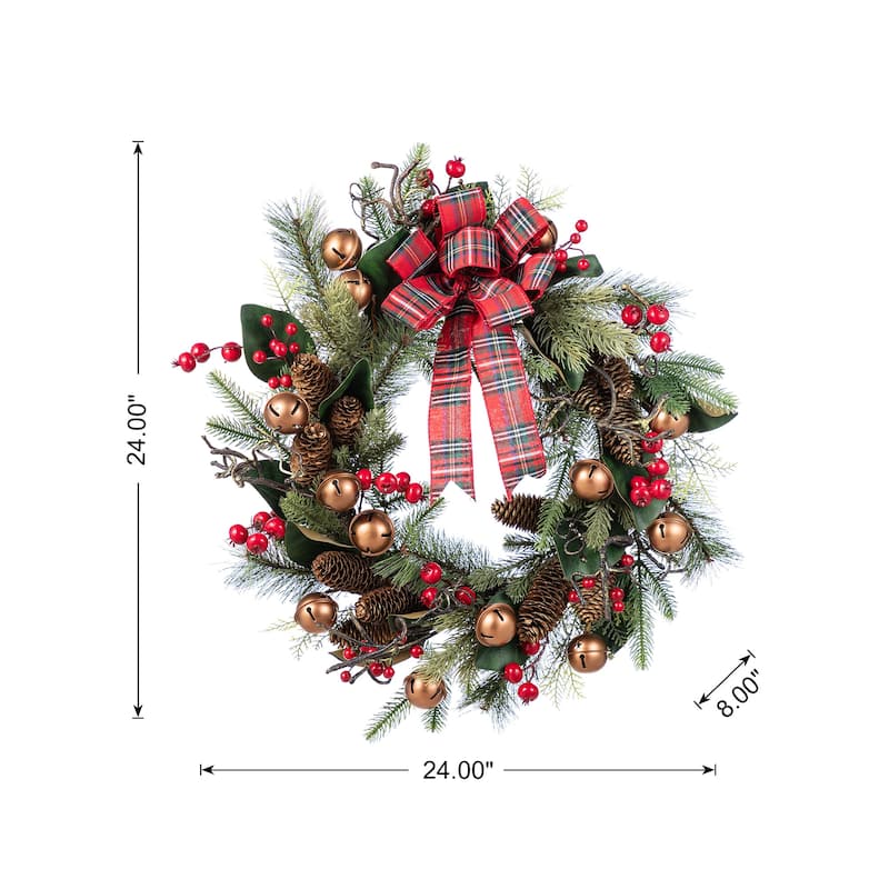 Glitzhome 24"D Christmas Pinecone Berry Wreath with Fabric Santa or Snowman Ornaments