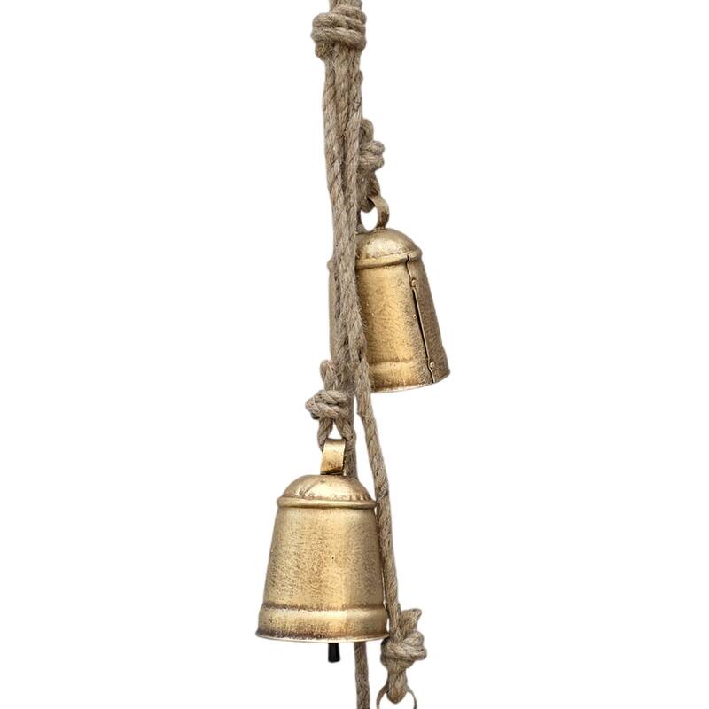 Zema Rustic Iron Hanging Bells Wall Decor, Cylindrical Cowbell on 28 Inch Jute Rope, Antique Gold