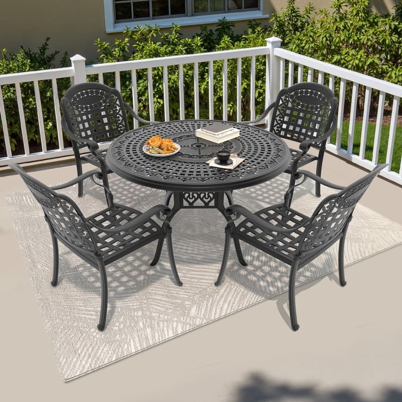 5-Piece Cast Aluminum Outdoor Dining Set with 47.24 in. Round Table and Blue Seat Cushions
