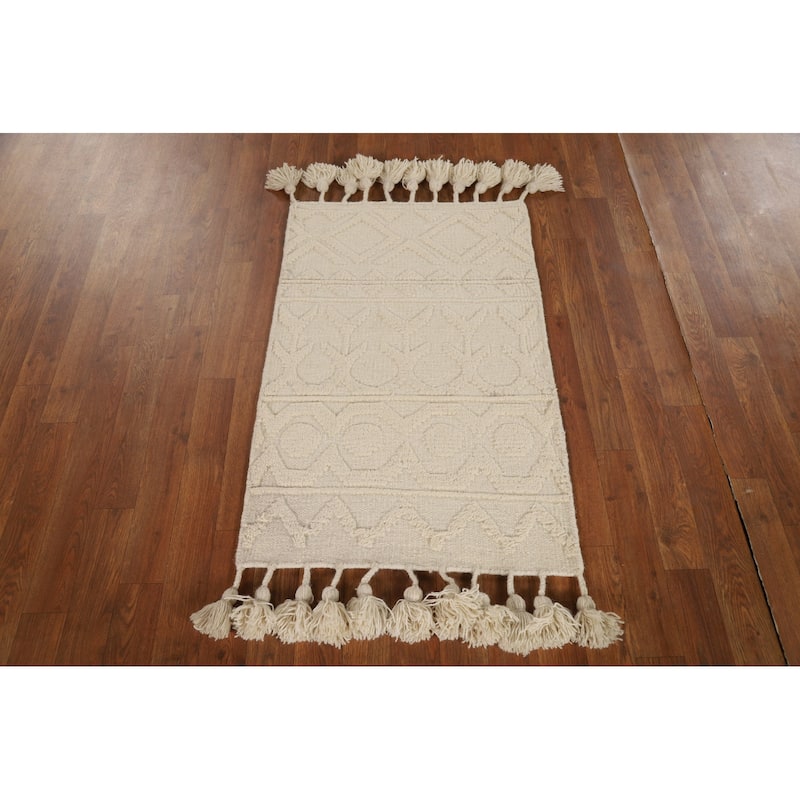 Ivory Geometric Moroccan Oriental Accent Rug Hand-Knotted Wool Carpet - 2'0"x 3'0"