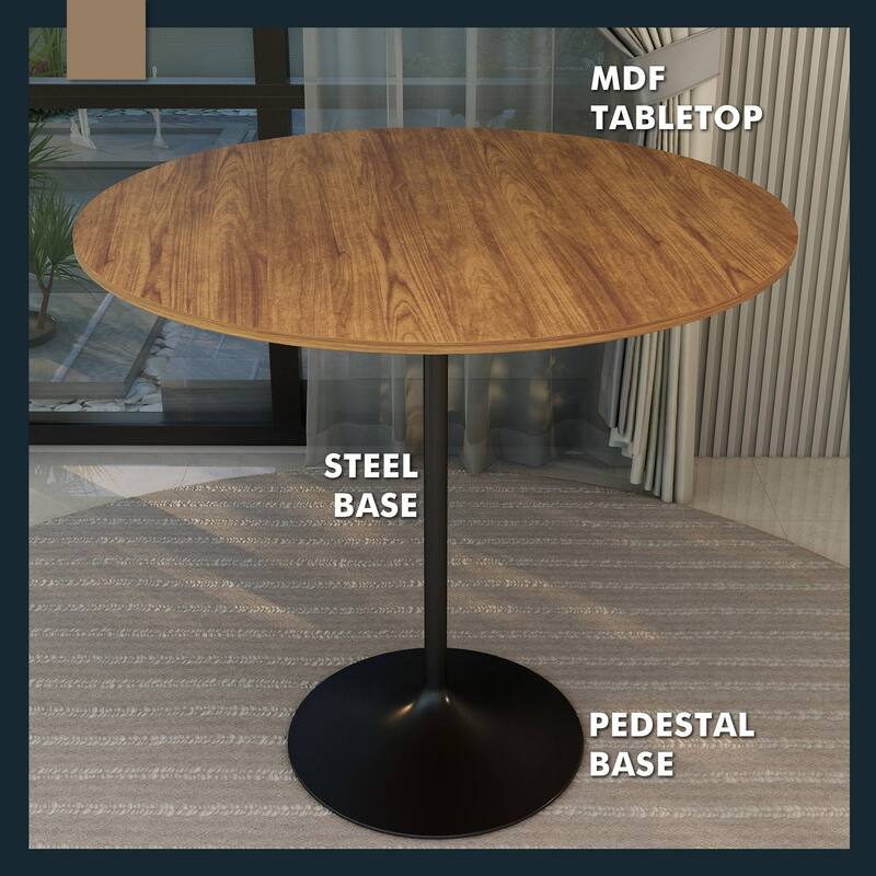 LeisureMod Verve 48" Round Dining Table with MDF Wood TableTop and Black Steel Base for Kitchen & Dining Room