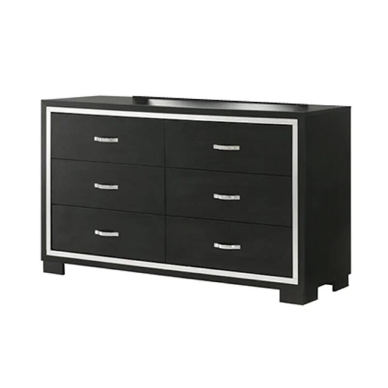 Geny 2pc Dresser and Mirror Set, 6 Drawers, Silver Trim, Black Wood
