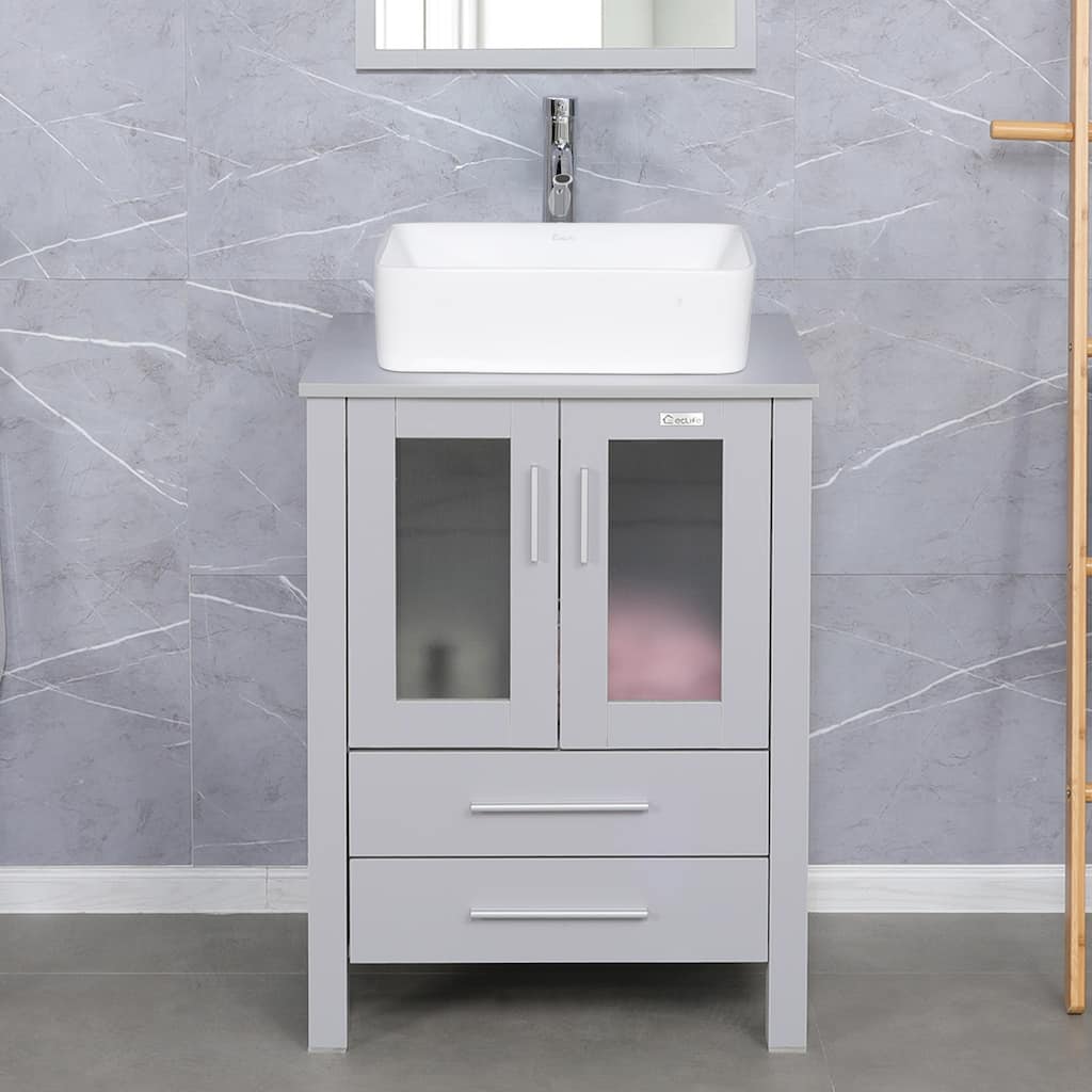 Eclife 24" Bathroom Vanity Gray Set Glass/ Ceramic Vessel Sink Cabinet Faucet Drain Combo Free Standing