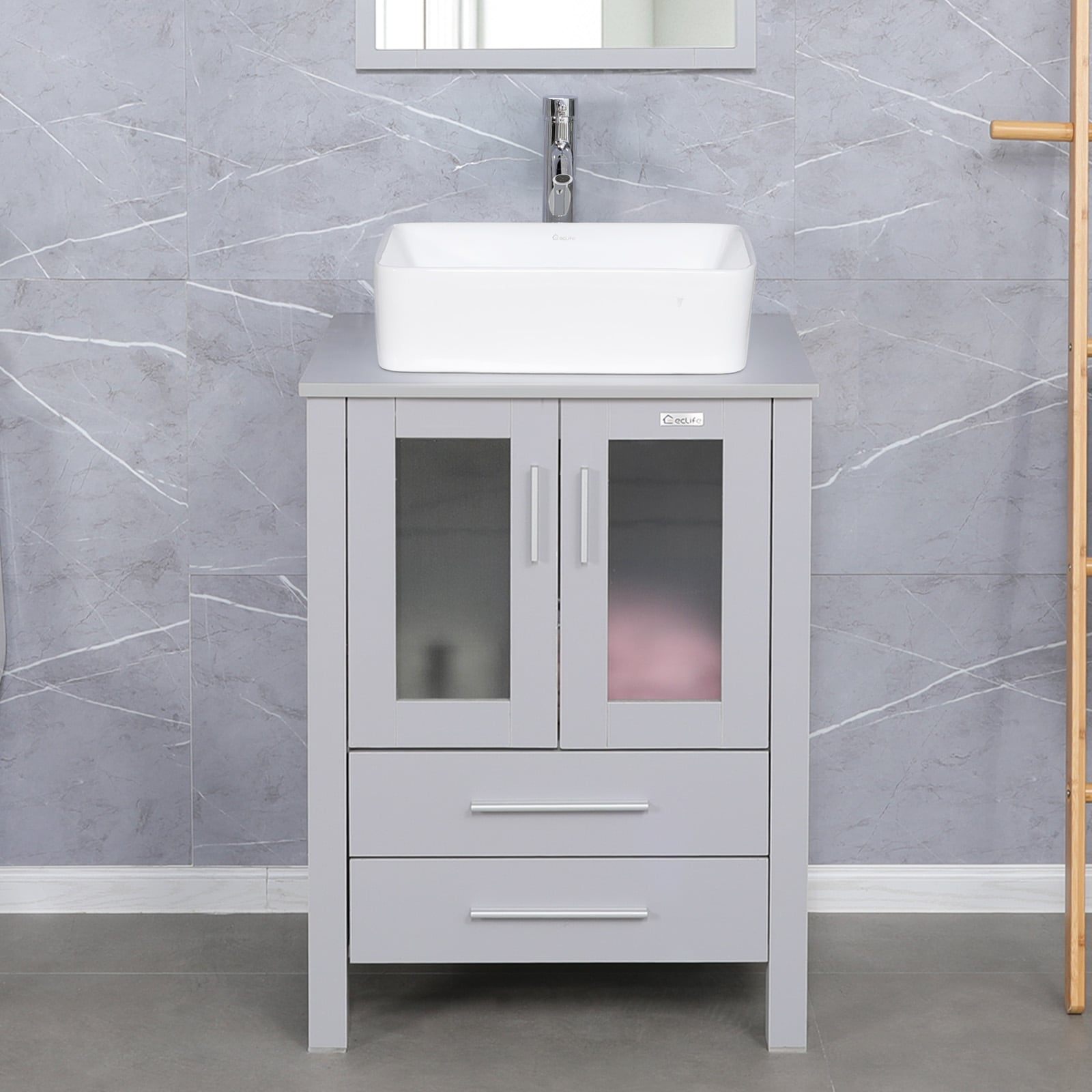 Eclife 24" Grey Bathroom Vanity Set with Sink & Faucet Freestanding Storage Cabinet