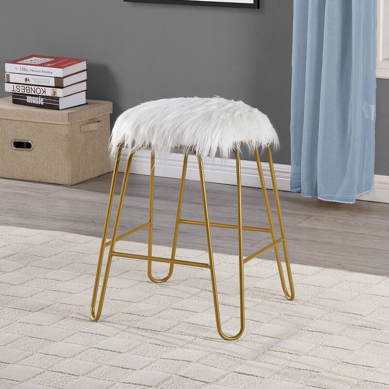 Carolina Living Morrissey 18" Vanity Stool - 18-inch - White Faux Fur, Gold