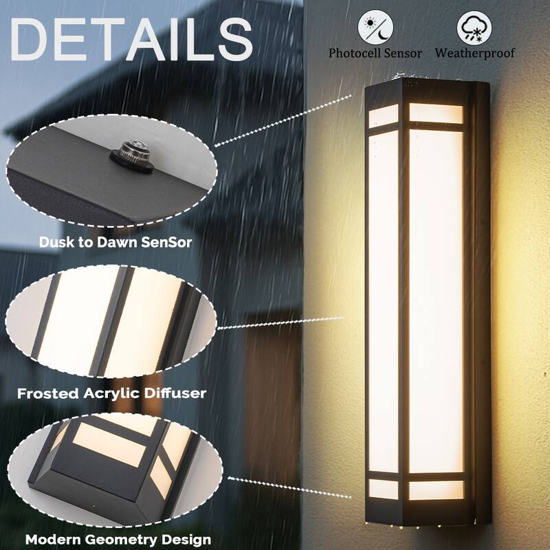 Modern Style Wall Sconce in Black with Acrylic Shade 24W Integrated LED Outdoor Wall Light with Dusk to Dawn Sensor for Garage