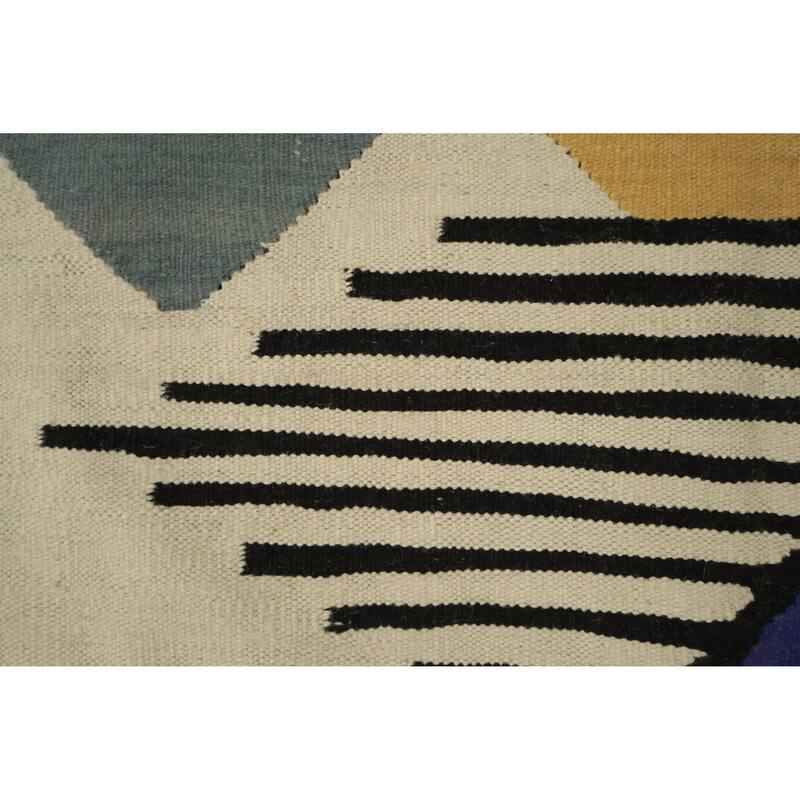 Hand Woven Oriental 100% Wool Carpet Southwestern Modern Beige & Ivories Kilim Area Rug - 11' 11'' X 8' 8''