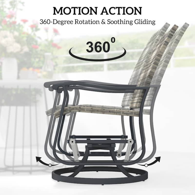 Set of 2 Rattan Gliding Chairs Swivel and Glide Indoor Outdoor Patio Garden with High Back and Steel Frame