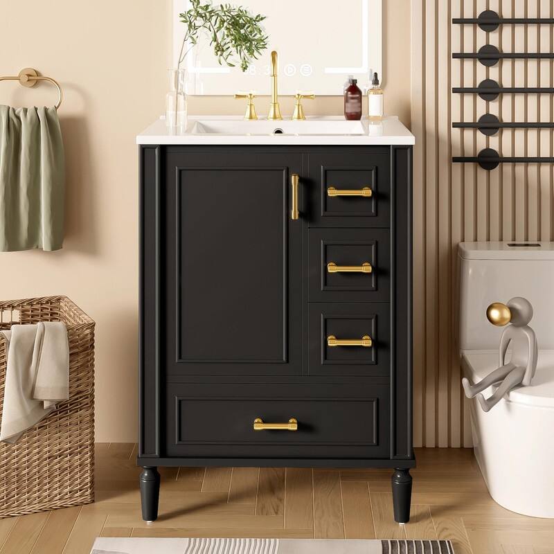 24" Modern Bathroom Vanity with Ceramic Sink, Soft-Close Door, 3 Drawers, Gold Handles & Door Rack - Black