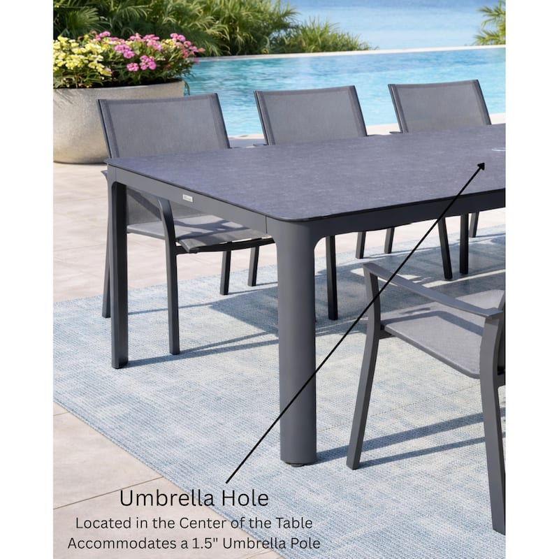 Alva Dark Grey 9-Piece Aluminum Outdoor Dining Set with Sling Set in Pewter - N/A