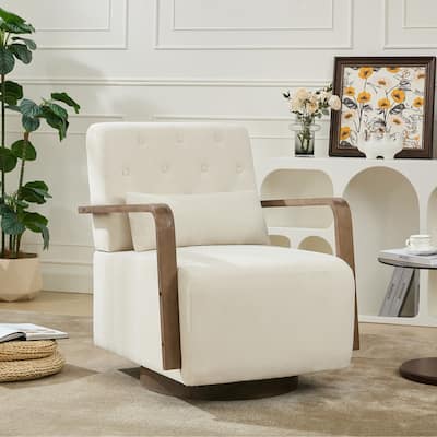 Solid Wood Swivel Accent Chair with Armrests and Lumbar Pillow - 360° Rotation