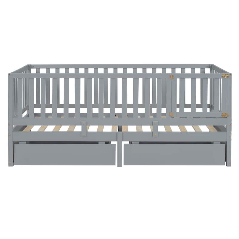 Gray Twin Size Solid Wood Daybed with Fence Guardrails and 2 Drawers, Split into Two Beds