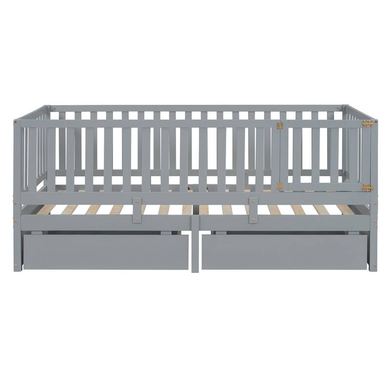 Solid Wood Daybed with Fence Guardrails and 2 Drawers, Split into Independent for Bedroom