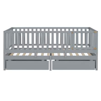 Wood Daybed with Fence Guardrails and 2 Drawers
