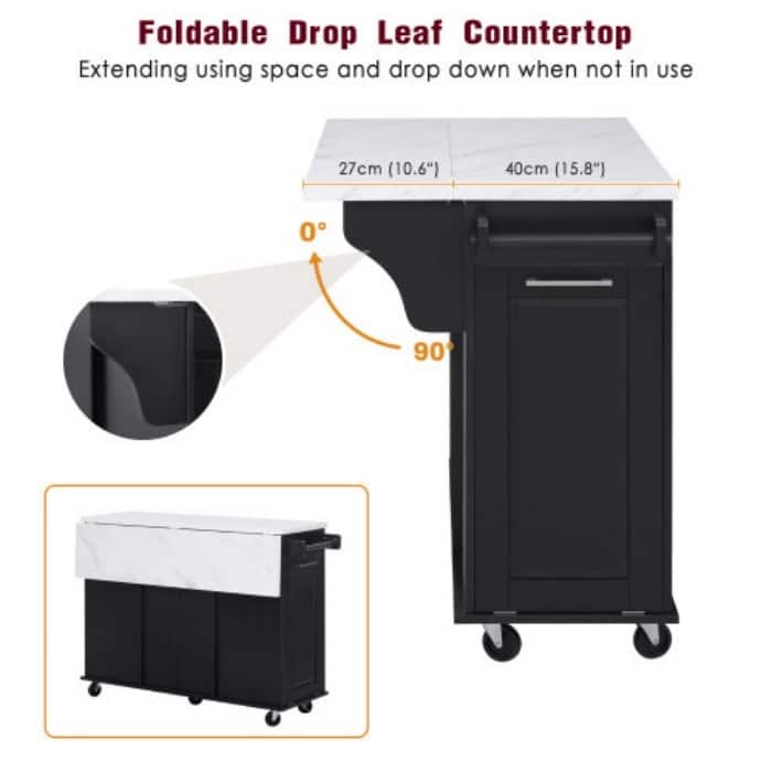 50.7" Rolling Kitchen Island - Drop Leaf, 2 Drawers, Tilt Trash Cabinet & Organizer on 5 Wheels