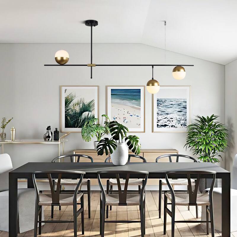 Minimalist Modern 3-Light Frosted Glass Globe Linear Island Chandelier - Black Brass