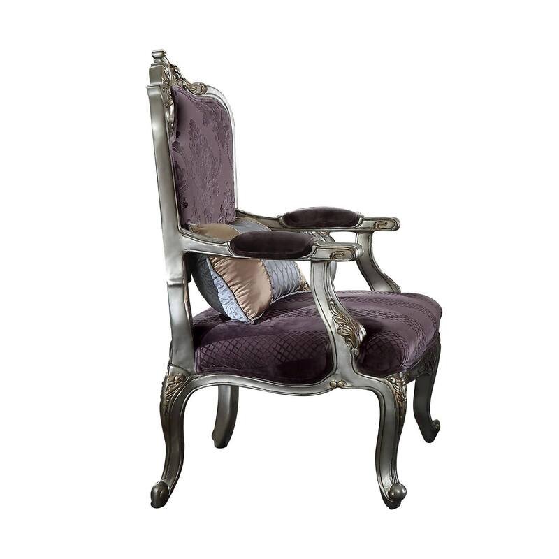 Velvet Upholstered Accent Chair with 1 Pillow in Antique Platinum