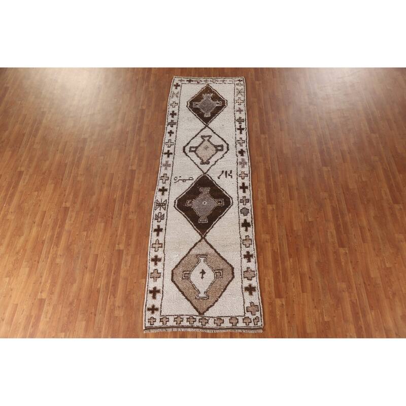Natural Dye Beige Anatolian Turkish Runner Rug Handmade Wool Carpet - 3'6"x 10'11"