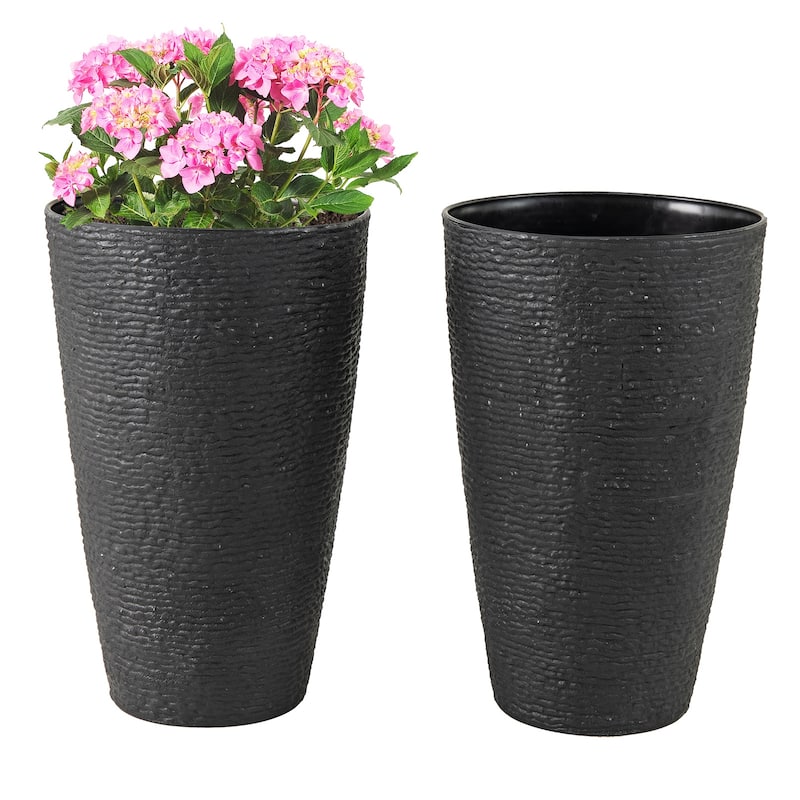 Black PP Large Flowerpots Planters Set of 2 with Wood Grain and Drainage - 13" x 21" (Dia. x H)