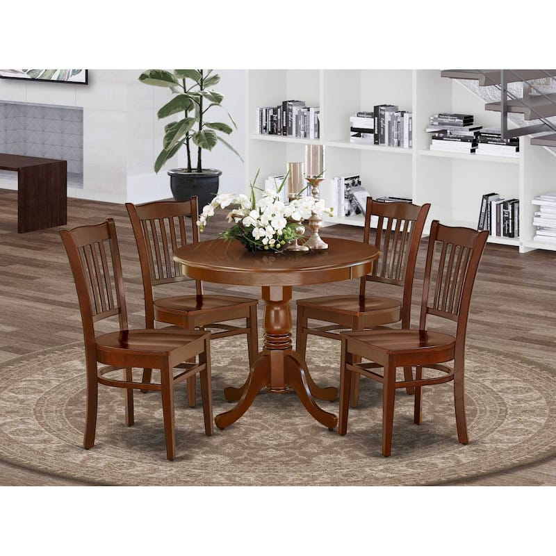 HomeStock 5-Piece Round Mahogany Finish Solid Wood Top Dining table with 4-Chairs with Lattice Back