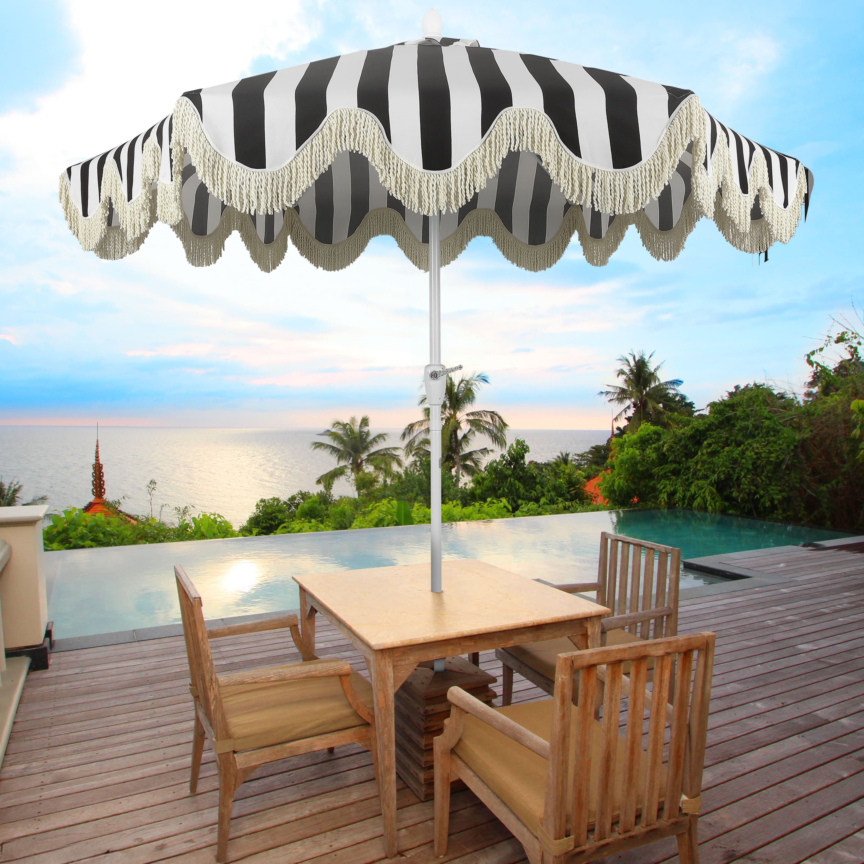 cream and black scalloped patio umbrella SAFAVIEH Outdoor - Vienna 9-Foot Crank - Beige & White Canopy - Brown Aluminum Pole - Single Scallop Trim Design Derived from durable wood Nata Outdoor Scalloped Umbrella 