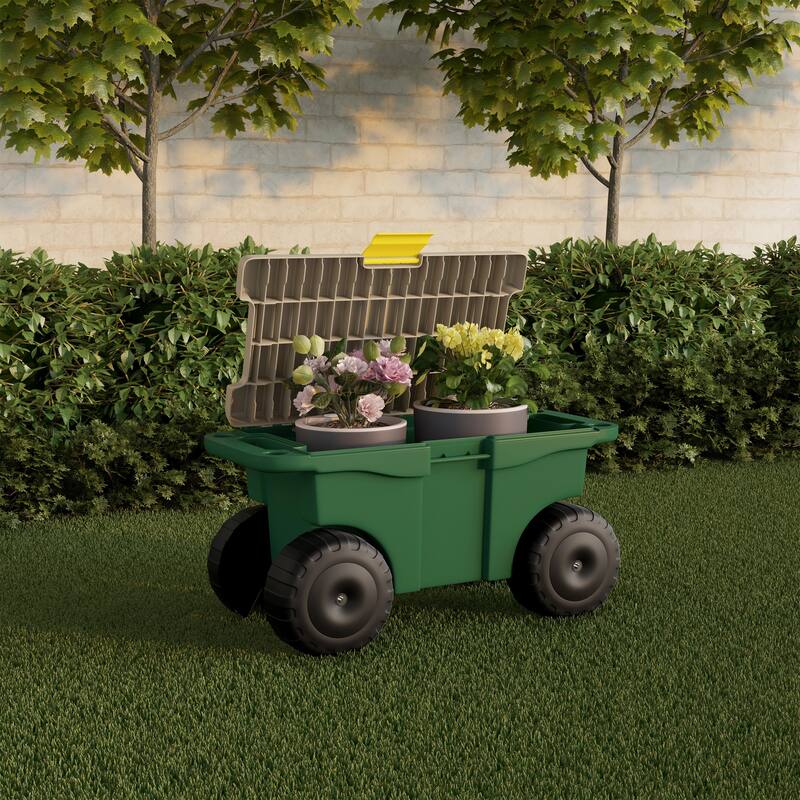 Rolling Garden Cart with Seat - Plastic Storage with Bench and Interior Tool Tray by Pure Garden (Green) - Green