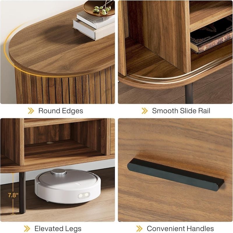 70.87" Walnut Mid-Century Modern Fluted TV Stand with Tambour Sliding Doors for Living Room