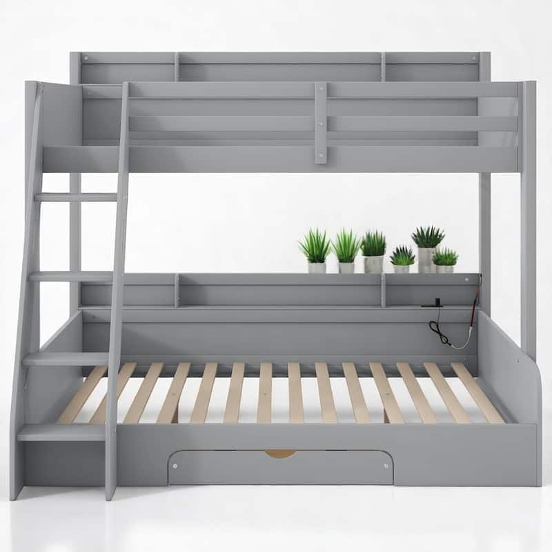 Twin Over Full Bunk Bed with Storage Shelves, LED Lights, Charging Station, and Drawer, kid bed,Storage bed