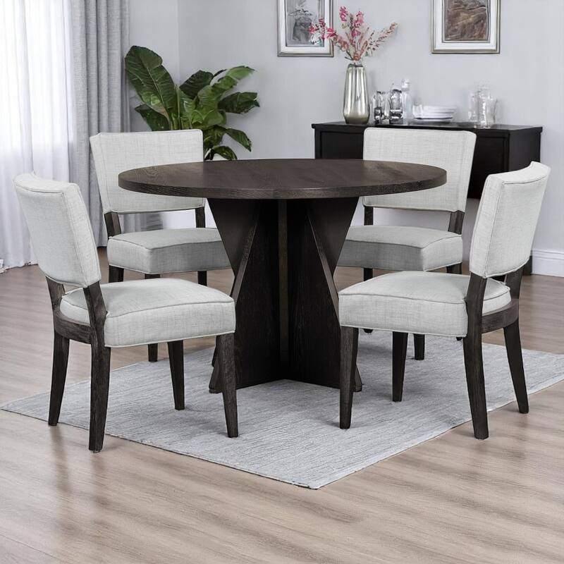 5-Piece Round Dining Set for 4, Kitchen Table with Upholstered Chairs, Trestle Base for Dining Room or kitchen - Espresso