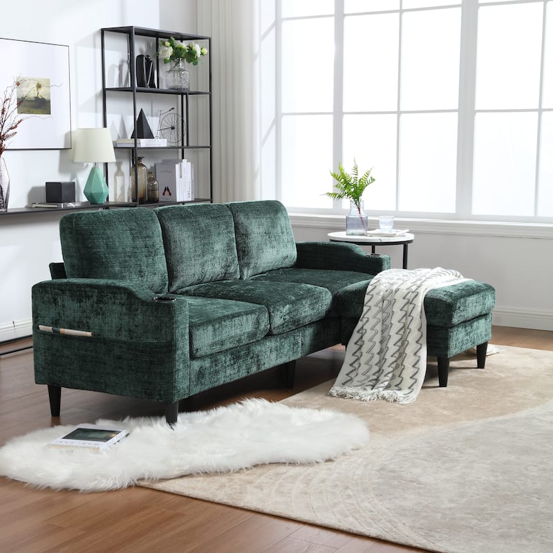 Modular Sectional Sofa with Storage Ottoman, Comfy Chenille Fabric Sofa, 3-Seater Sofa with Side Pockets & 2 Cup Holders