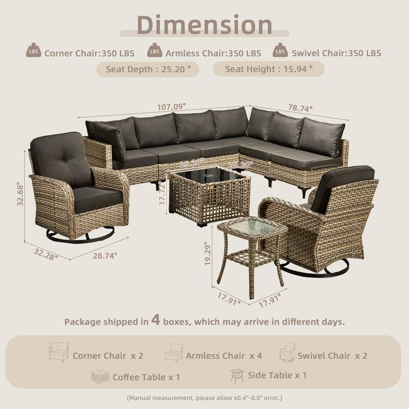 OVIOS 10 Pieces Outdoor Wicker Swivel Chair Set With Solar-Powered Coffee Table