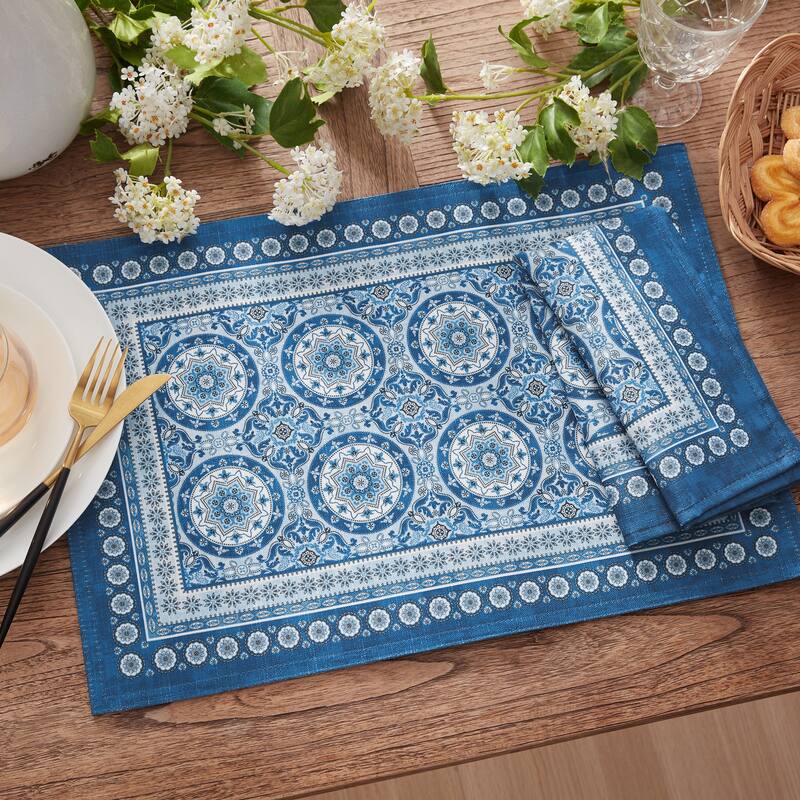 Vietri Medallion Bue Block Print Stain & Water Resistant Indoor/Outdoor Napkins, Set of 4